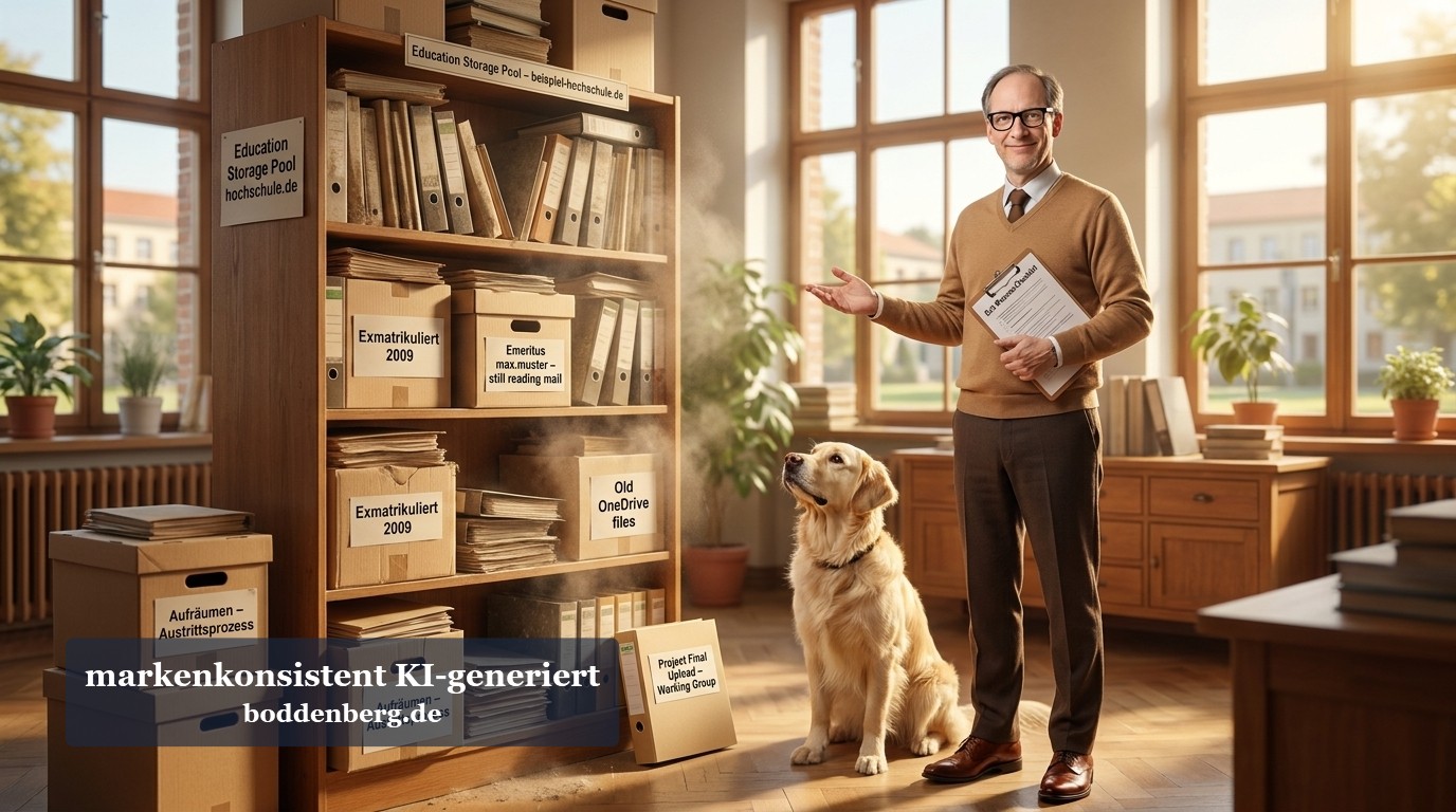 Ein Professor mit Brille und Tablet steht in einem sonnigen Büro neben verschlossenen Archivschränken und einem Golden Retriever.