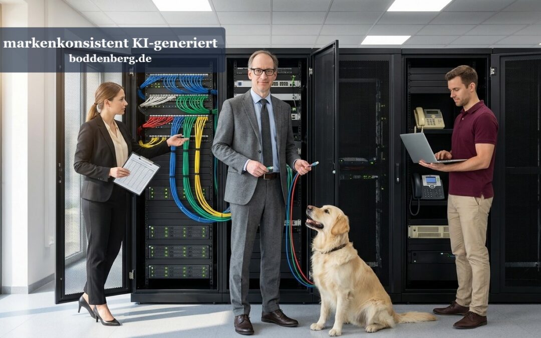 Ein Team aus drei Personen und ein Golden Retriever stehen vor Serverschränken mit farbigen Netzwerkkabeln in einem Rechenzentrum.