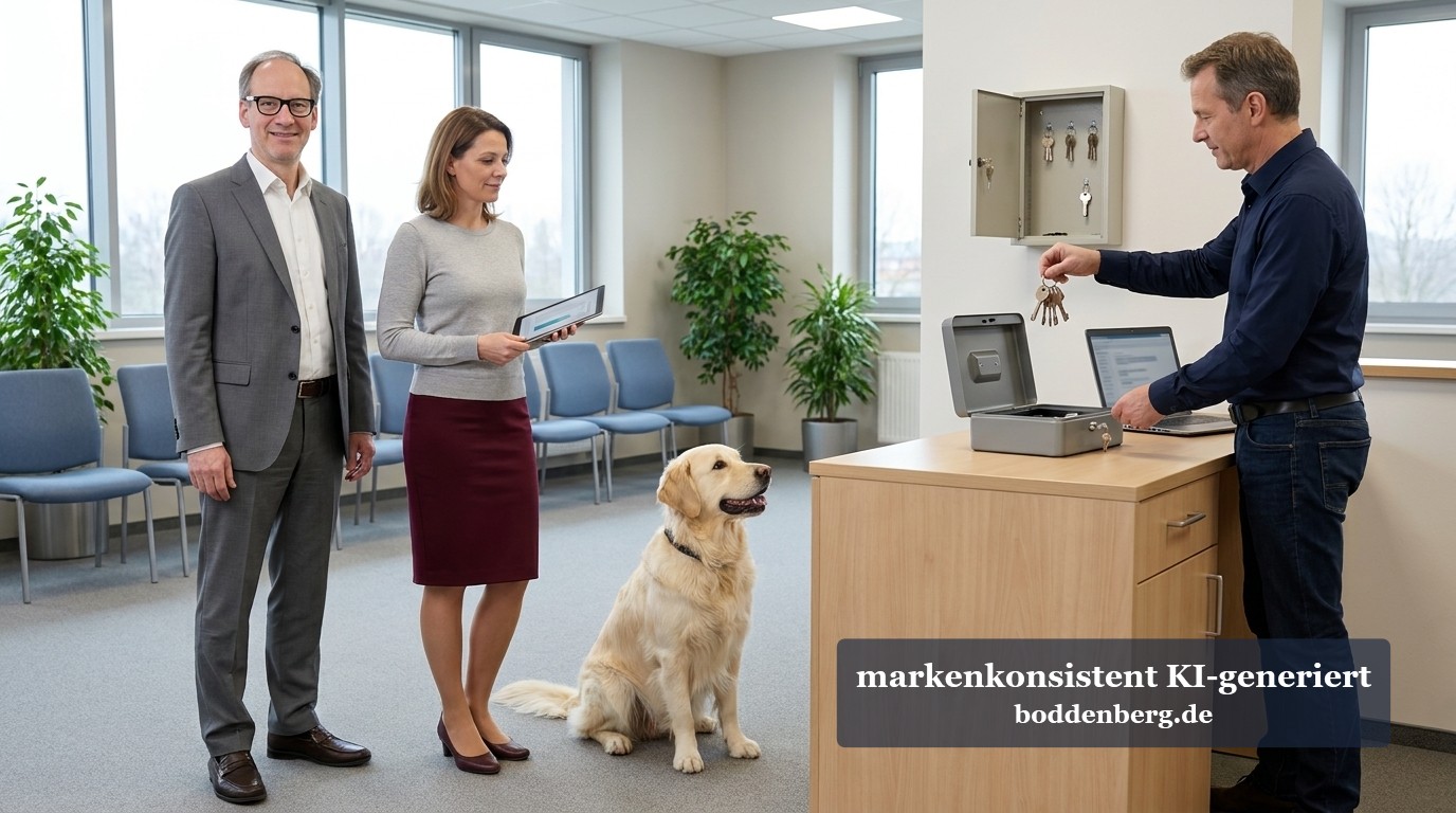 Schlüsselübergabe im Büro-Empfangsbereich mit Hund Ein Mann in dunklem Hemd hängt an einer Wandbox einen Schlüsselbund ein, während zwei Personen und ein Golden Retriever im Wartebereich eines Büros st…
