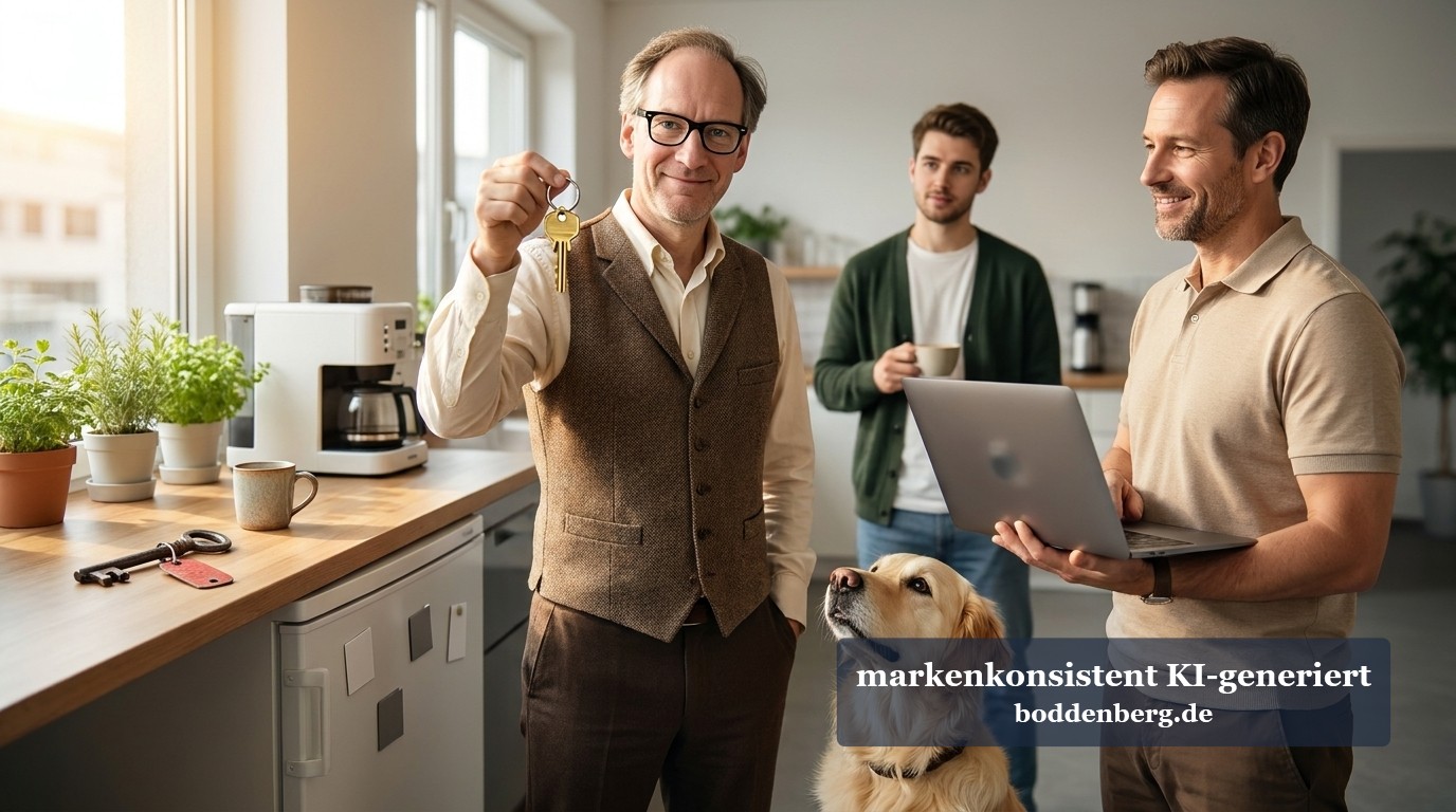 Schlüsselübergabe in der Küche mit Laptop und Hund Ein lächelnder Mann mit Brille hält in einer hellen Küche einen Schlüsselbund hoch, daneben stehen ein Kollege mit Laptop und ein Golden Retriever.