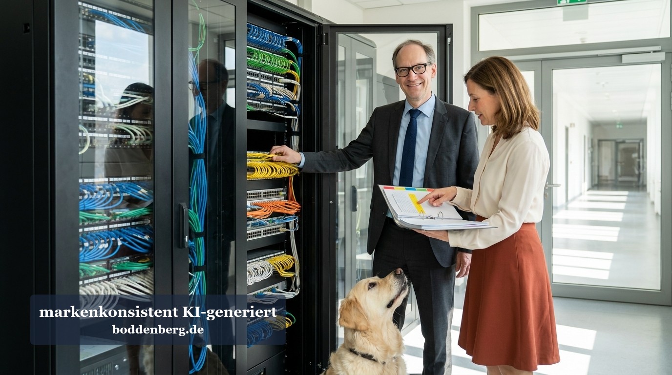 Dein M365-Rollout im Krankenhaus ist nicht tot. Er weiß es nur noch nicht. Ein lächelnder Mann mit Brille und eine Frau mit Mappe prüfen Netzwerkkabel in einem Serverschrank, daneben sitzt ein Golden Retriever.