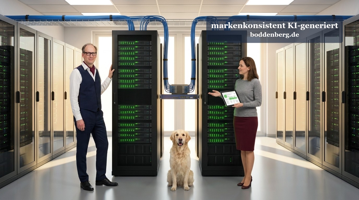 Deine ADFS-Farm lebt noch? Herzliches Beileid. Oder Glückwunsch. Ein Mann mit Weste und Brille steht links neben einem Serverschrank, in der Mitte sitzt ein Golden Retriever, rechts zeigt eine Frau auf ein Tablet.