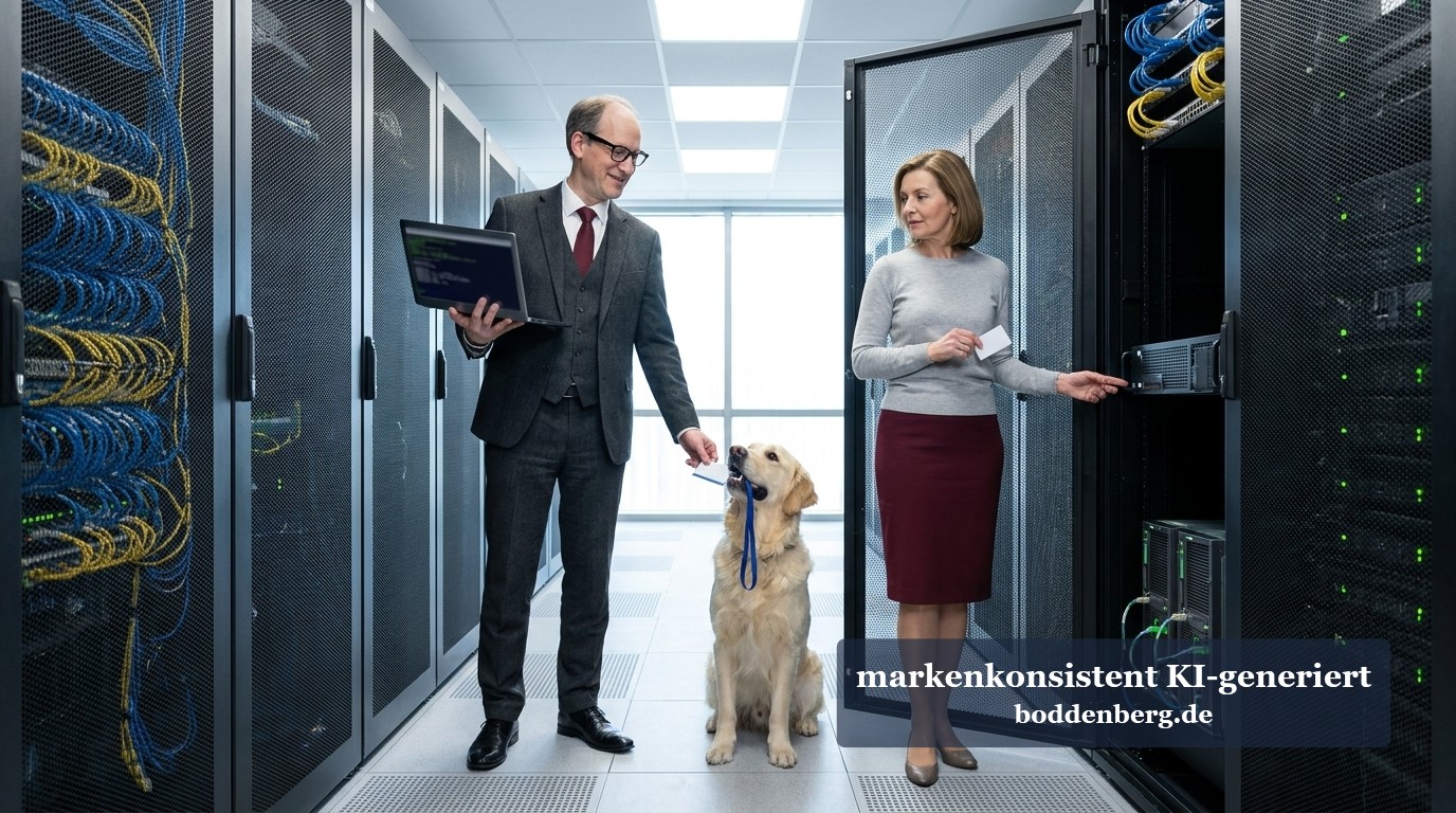 Ein Mann mit Laptop und eine Frau an einem geöffneten Serverschrank, dazwischen sitzt ein Golden Retriever im Rechenzentrumsgang.