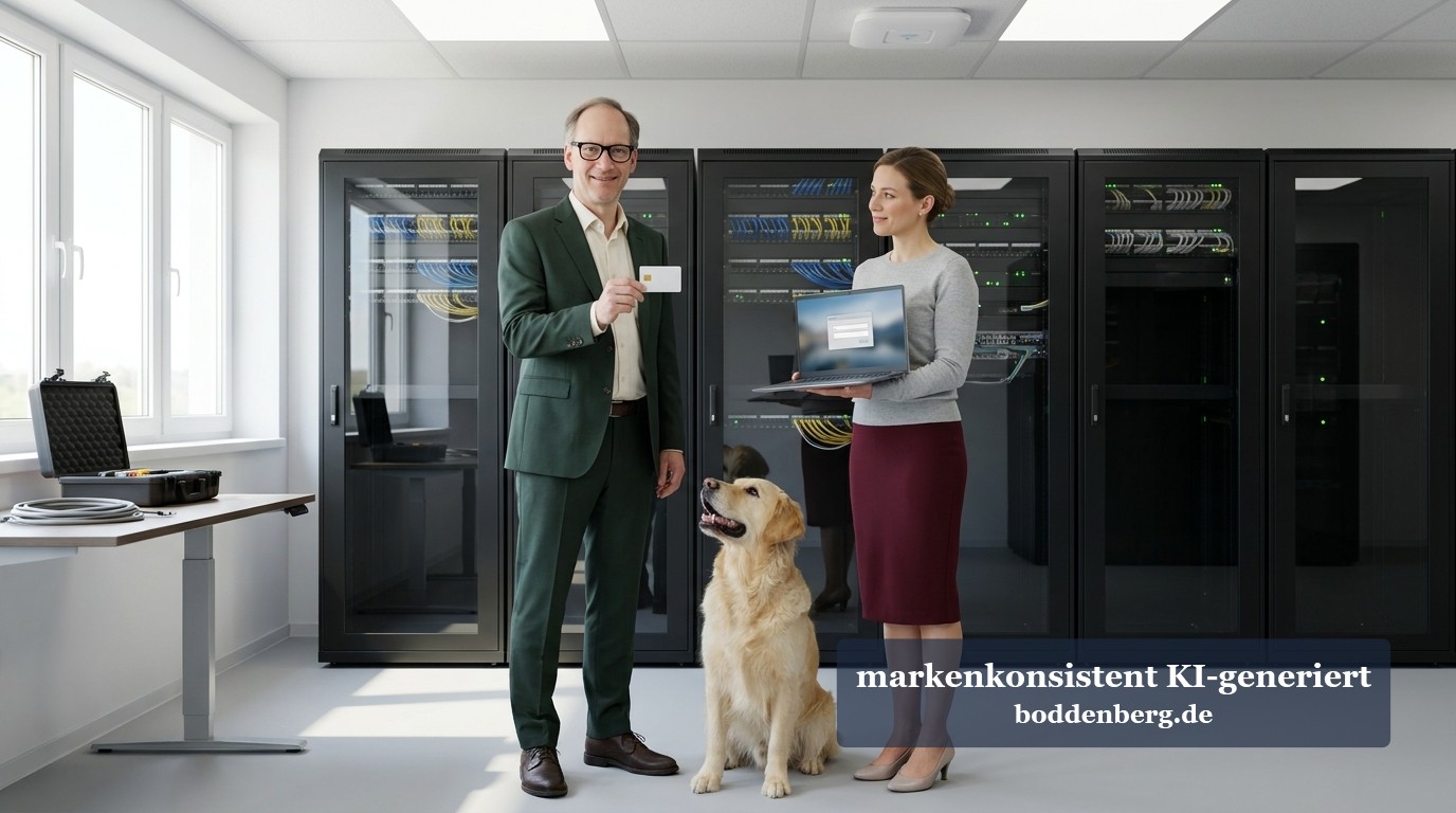 Serverraum: Team mit Laptop, Karte und Golden Retriever Ein Mann mit Brille und grünem Anzug hält eine Karte hoch, daneben steht eine Frau mit Laptop und ein Golden Retriever vor schwarzen Serverschränken.