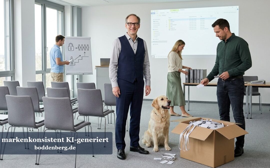 Ein Team arbeitet in einem modernen Büro: Ein Mann in dunklem Anzug steht mit einem Golden Retriever neben einem geöffneten Karton, während andere Per…