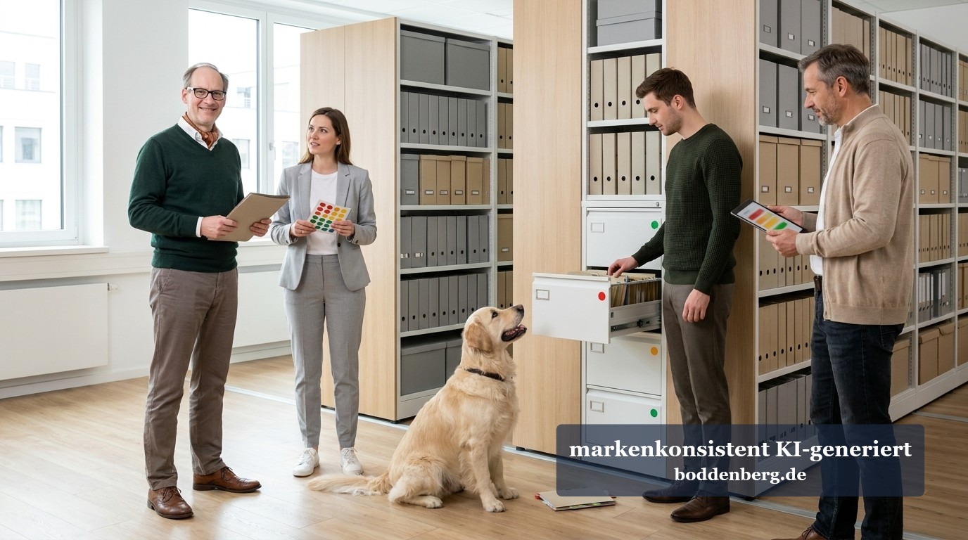 Copilot-Diagnostiker: Team im Büro zwischen Aktenregalen Vier Menschen besprechen sich in einem hellen Büro zwischen Aktenregalen, daneben sitzt ein goldener Retriever.