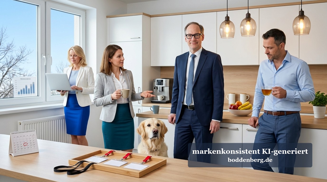 Dein Registry-Wert ist tot. Und genau das ist das Problem. ⚰️ Vier Menschen besprechen sich in einer hellen Küche, ein Golden Retriever sitzt dabei, auf dem Tisch liegen Namensschilder.
