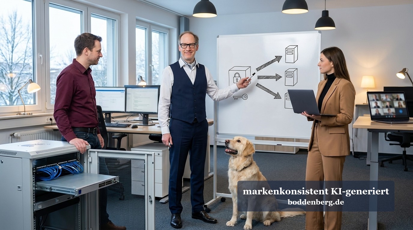 Team-Besprechung zur Netzwerkarchitektur mit Whiteboard-Skizze Ein Berater erklärt auf einem Whiteboard ein Serverschema, während Kollegen und ein Golden Retriever zuhören.