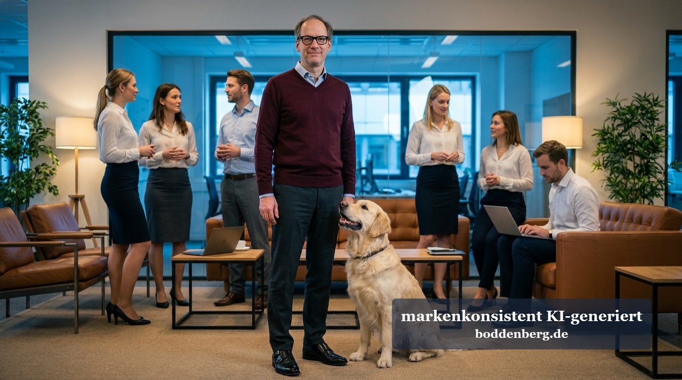 Team mit Hund im modernen Büro Geschäftsteam in modernem Büro mit großen Glasfronten, eine Person in burgunderrotem Pullover steht prominent mit einem Golden Retriever neben sich.