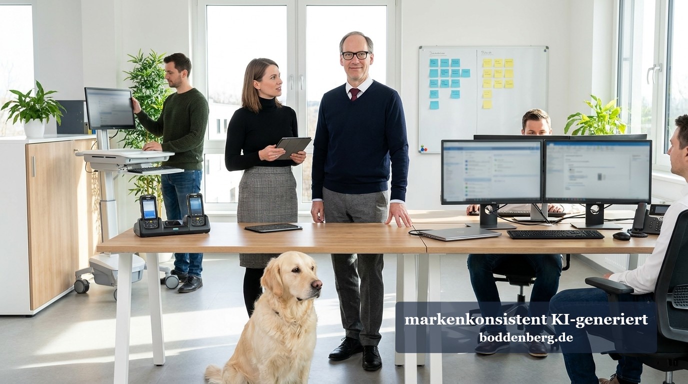 Ein Team arbeitet in einem hellen Büro, davor liegt ein Golden Retriever, im Hintergrund hängen Haftnotizen an einem Whiteboard.