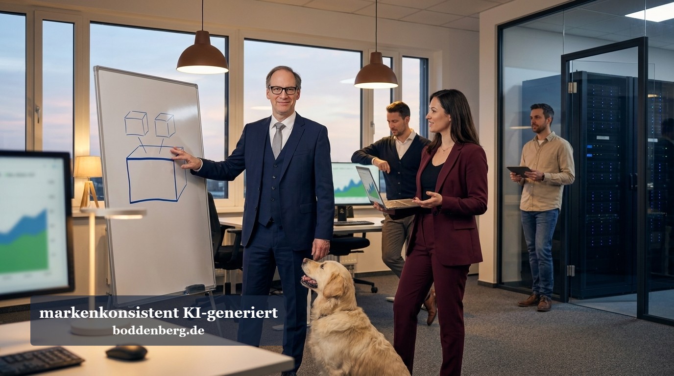 Team-Arbeit im Büro mit Whiteboard und Hund Geschäftsteam in modernem Büro mit Whiteboard, Laptops und Golden Retriever während einer Arbeitsbesprechung.