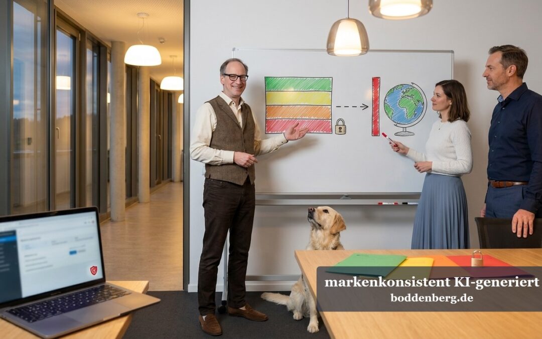 Team in moderner Büroumgebung diskutiert Datenschutz-Diagramm an Whiteboard, mit Laptop und farbigen Folien auf dem Tisch sowie Hund.