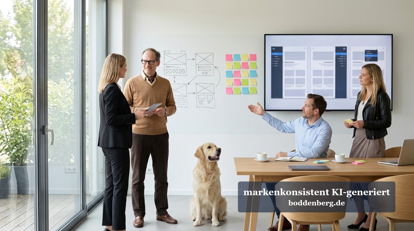 Team im Design-Workshop Team bespricht sich in modernem Büro an Tisch und Whiteboard, ein Hund sitzt daneben.