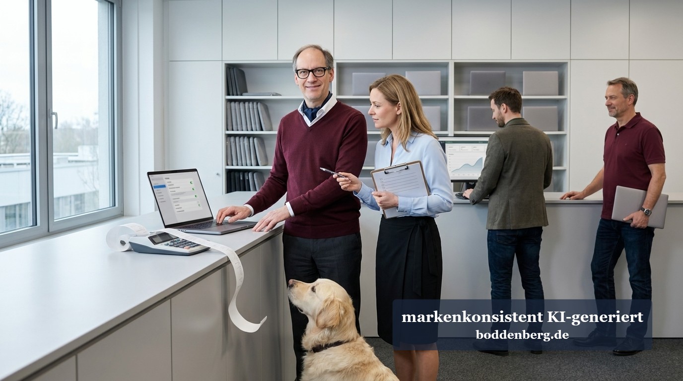 Microsoft verteilt Programmierwerkzeuge an deine Belegschaft Ein Mann mit Brille und eine Kollegin mit Klemmbrett stehen an einer hellen Theke im Büro, daneben ein Laptop, ein Kassenbon und ein Hund.
