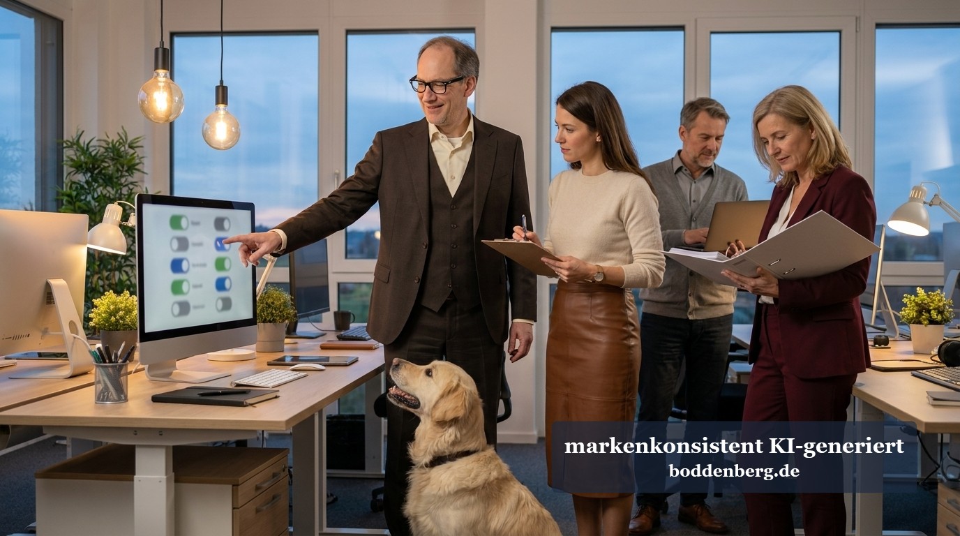 Copilot hat neue Mitbewohner, und keiner hat dich gefragt. Ein Mann im braunen Anzug zeigt im Büro auf einen Bildschirm, während drei Kollegen und ein Golden Retriever daneben stehen.