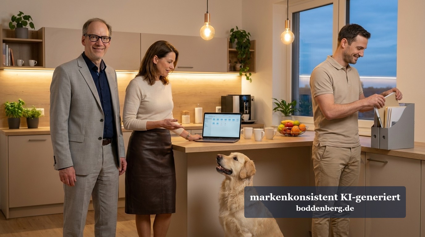 Teams hat gewonnen. Dein Explorer hat verloren. Drei Menschen und ein Golden Retriever stehen in einer hellen Küche, im Vordergrund ein aufgeklappter Laptop, rechts sortiert ein Mann Unterlagen in e…