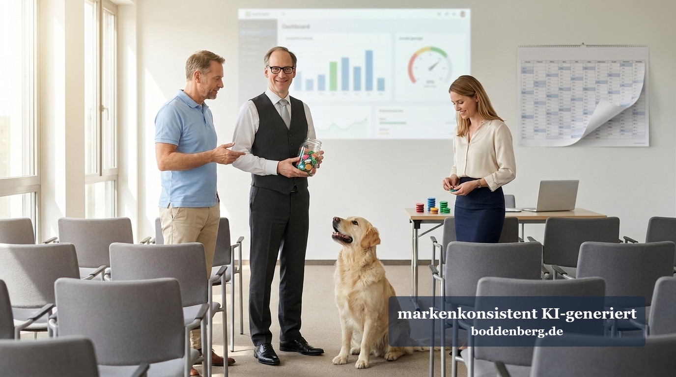Team im Meetingraum mit Hund und Datenanalyse-Diagrammen Drei Personen und ein Hund in einem modernen Meetingraum mit Stühlen, Whiteboard und Business-Charts.