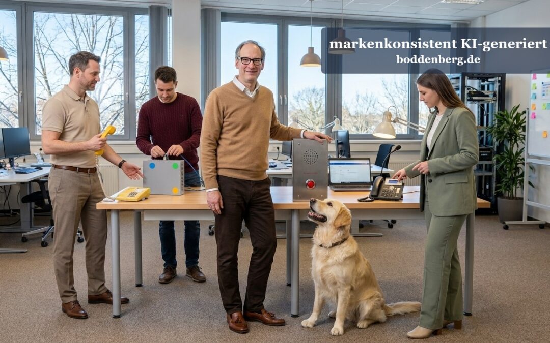 Fünf Personen und ein Hund stehen in einem modernen Büro um einen Tisch und unterhalten sich vor großen Fenstern.