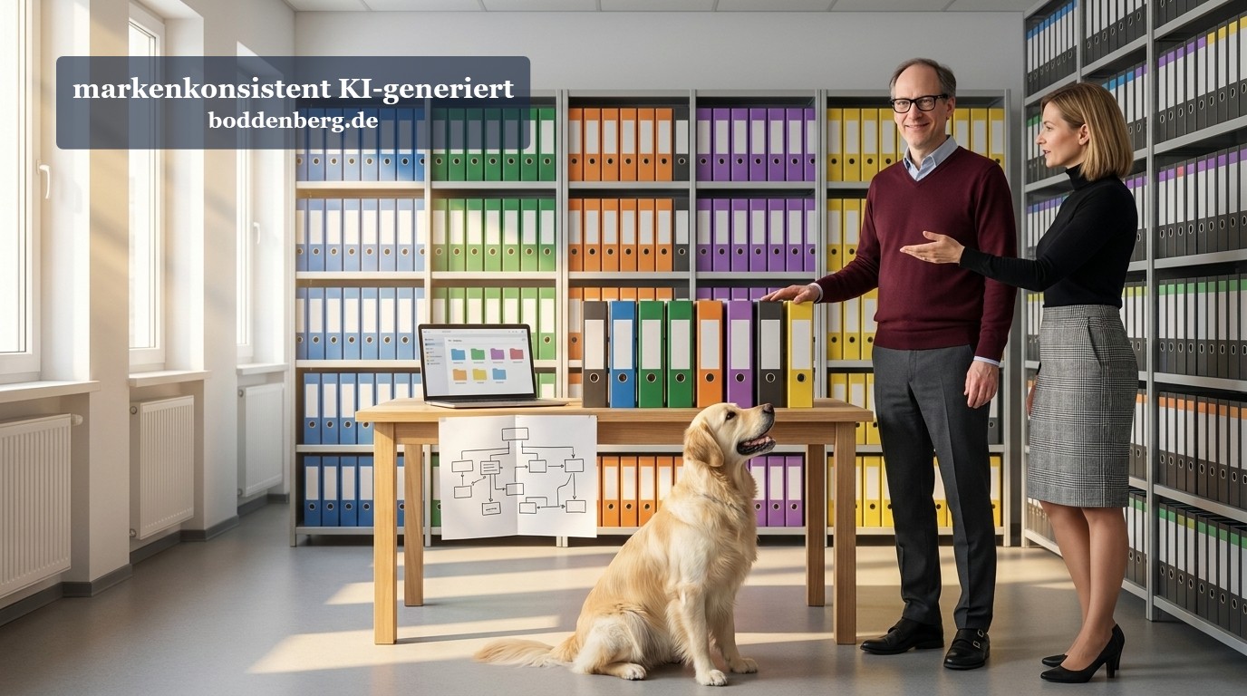 Laufwerk einbinden – Teambesprechung im Büro Zwei Kollegen besprechen in einem Büro mit Ordnerregalen ein Flussdiagramm, davor sitzt ein Golden Retriever.