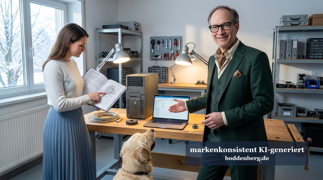 Technische Redaktion trifft SharePoint – Abteilung in den Wahnsinn treiben Eine Frau mit Handbuch und ein Mann im grünen Anzug besprechen in einer Werkstatt einen Laptop, daneben liegen Kabel und ein Golden Retriever sitzt am…