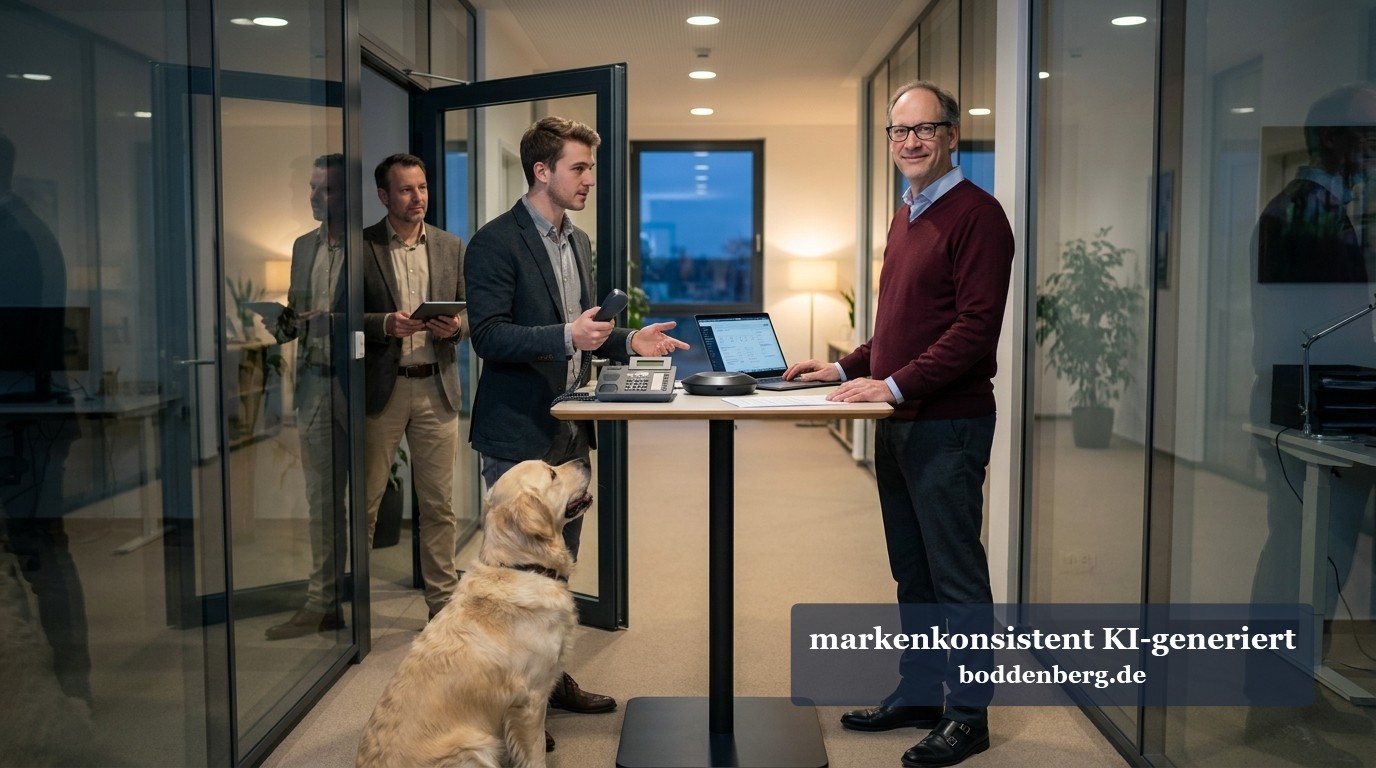 Mann mit Brille steht an einem Stehtisch mit Laptop und Telefon, daneben zwei Kollegen und ein Golden Retriever im Glasflur.
