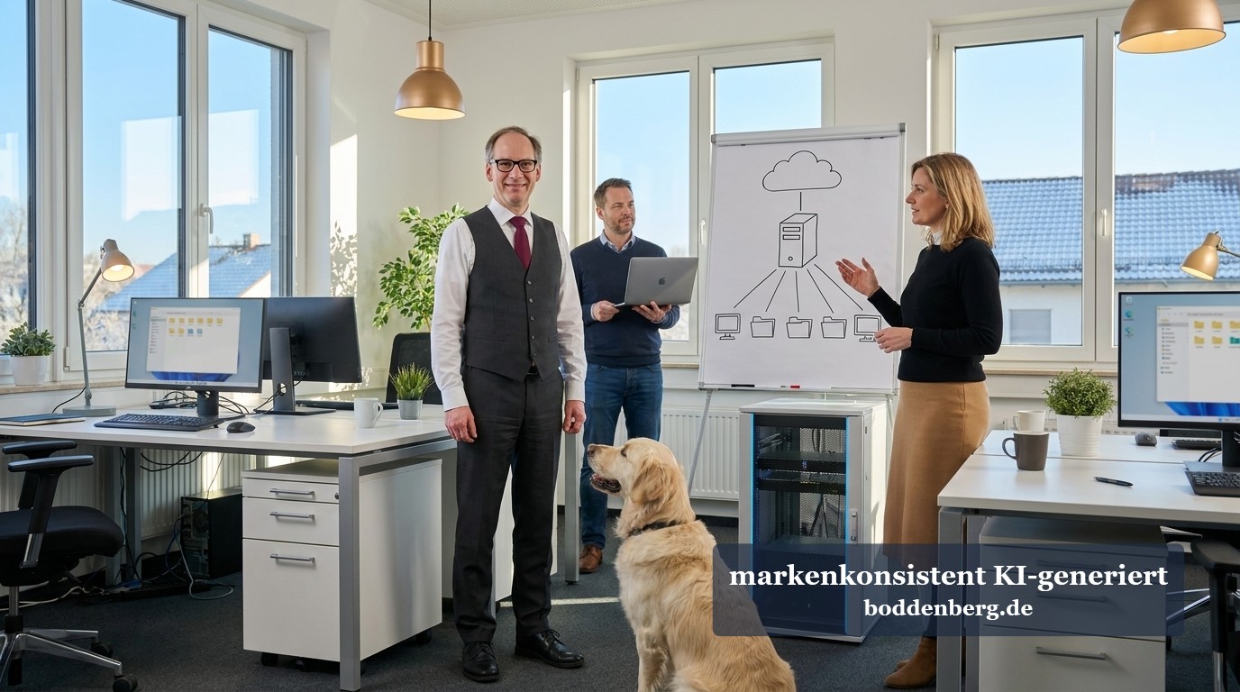 Laufwerksbuchstaben auf dem Terminalserver sterben nicht. Sie werden untot. Drei Personen und ein Golden Retriever stehen in einem hellen Büro vor einem Flipchart mit Cloud-Skizze und einem Serverschrank.