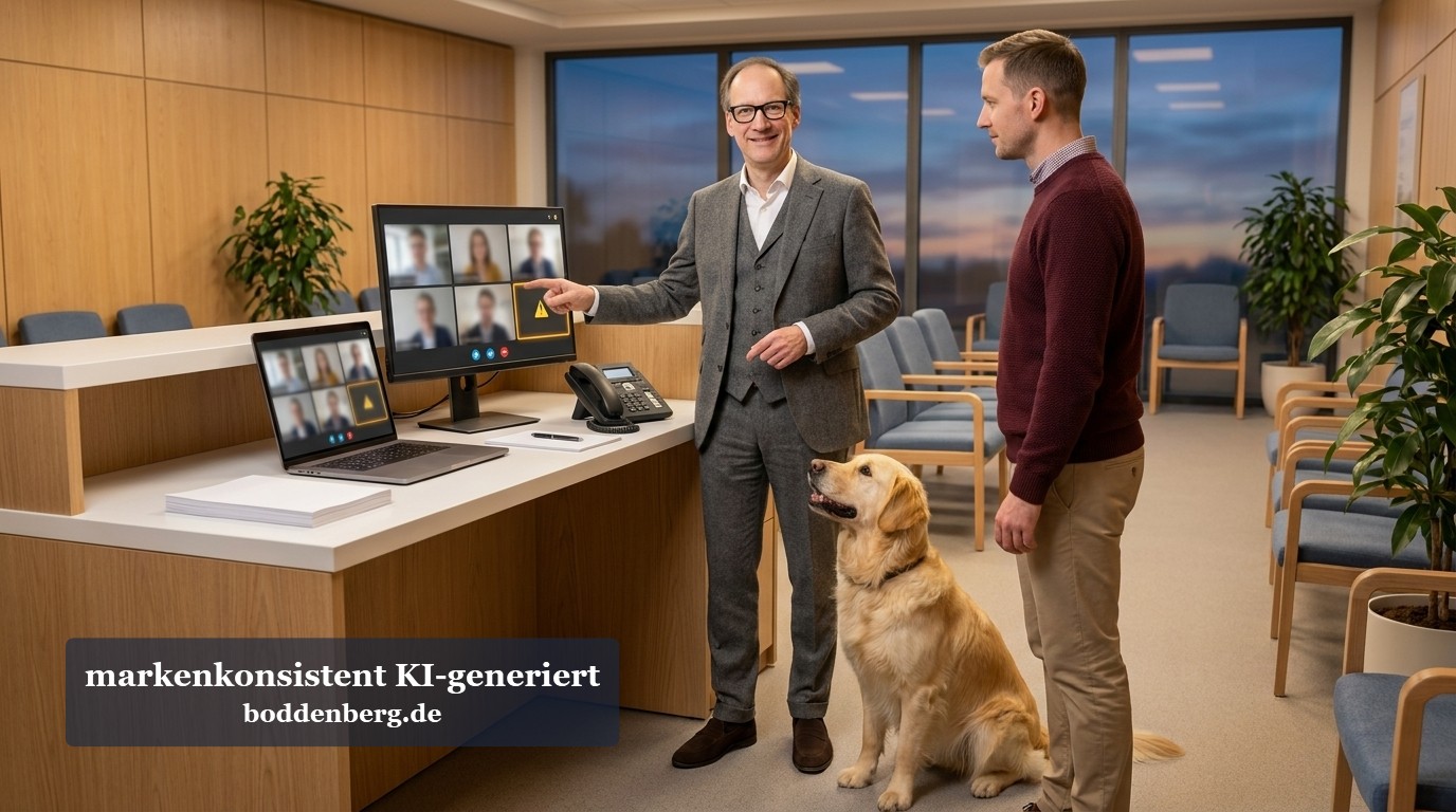 Videokonferenz-Betrug: Chef per Teams-Call im Büro Mann im Tweedanzug zeigt auf einen Monitor mit Videokonferenz, neben ihm stehen ein zweiter Mann und ein Golden Retriever.