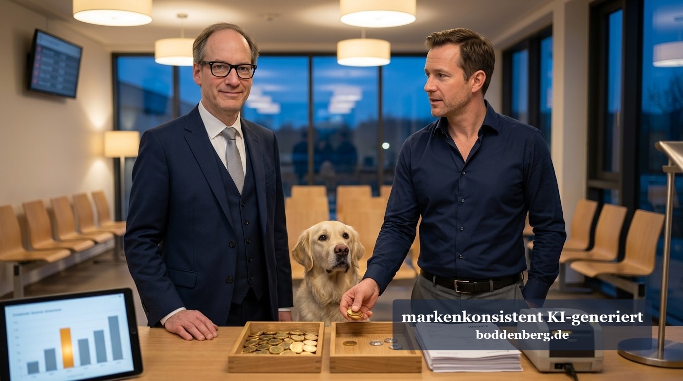 Zwei Männer am Empfangstresen mit Münzen, Rechnungen und Tablet-Diagramm, dazwischen ein Golden Retriever.