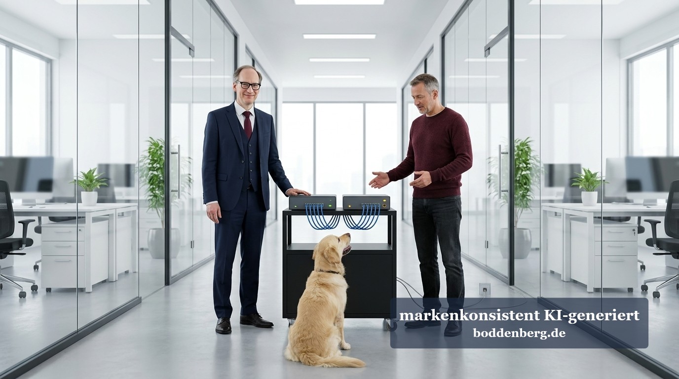 Dein HA-Paar ist kerngesund. Glaubst du jedenfalls. Zwei Männer stehen in einem hellen Bürogang neben einem schwarzen Rollwagen mit zwei Netzwerkgeräten, davor sitzt ein Golden Retriever.