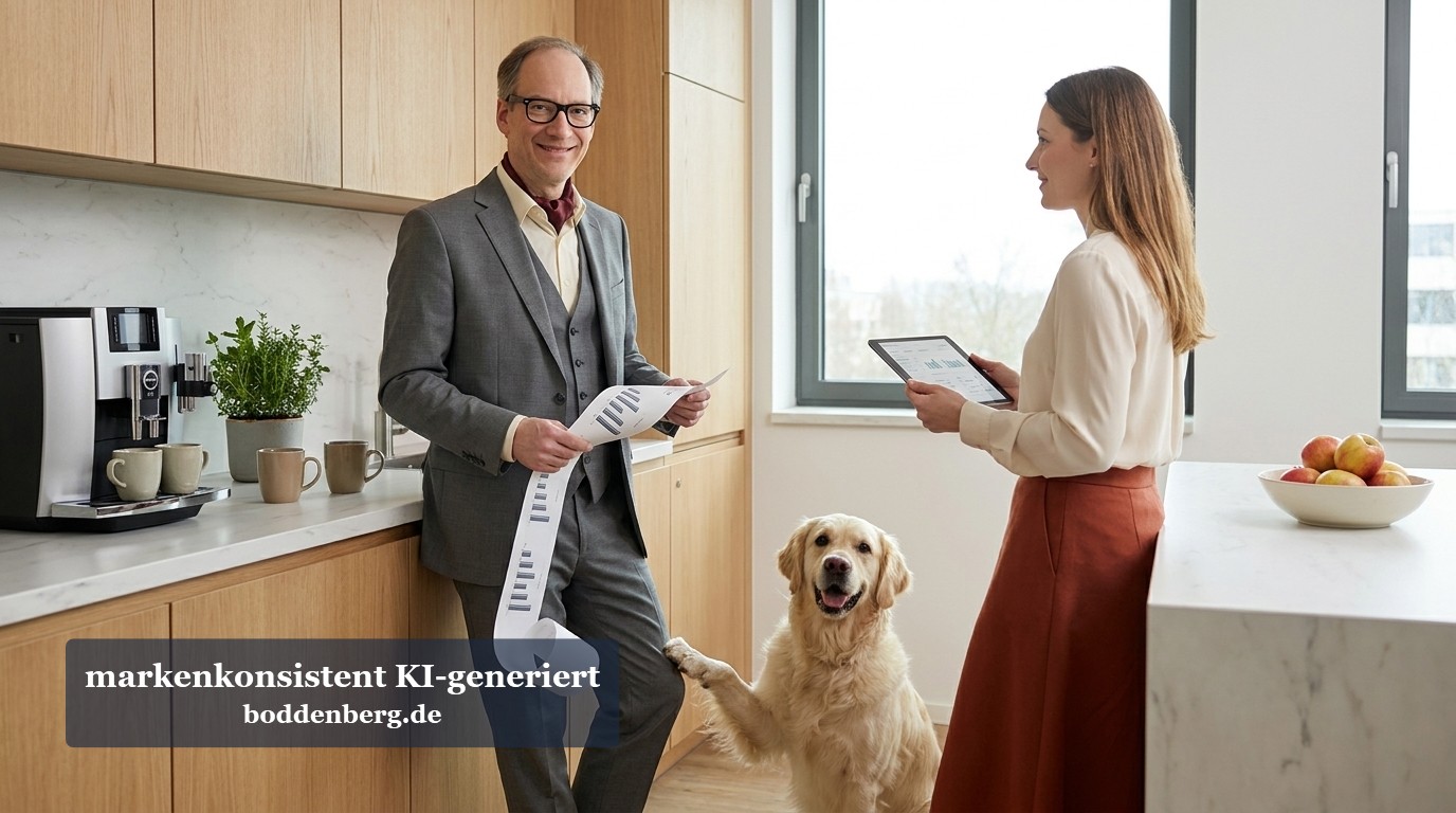 Geschäftsgespräch in der Küche mit Hund Zwei Personen und ein Hund in einer modernen Küche: Ein Mann in Anzug hält ein Dokument, eine Frau mit Tablet lehnt am Tresen, dazwischen sitzt ein Go…