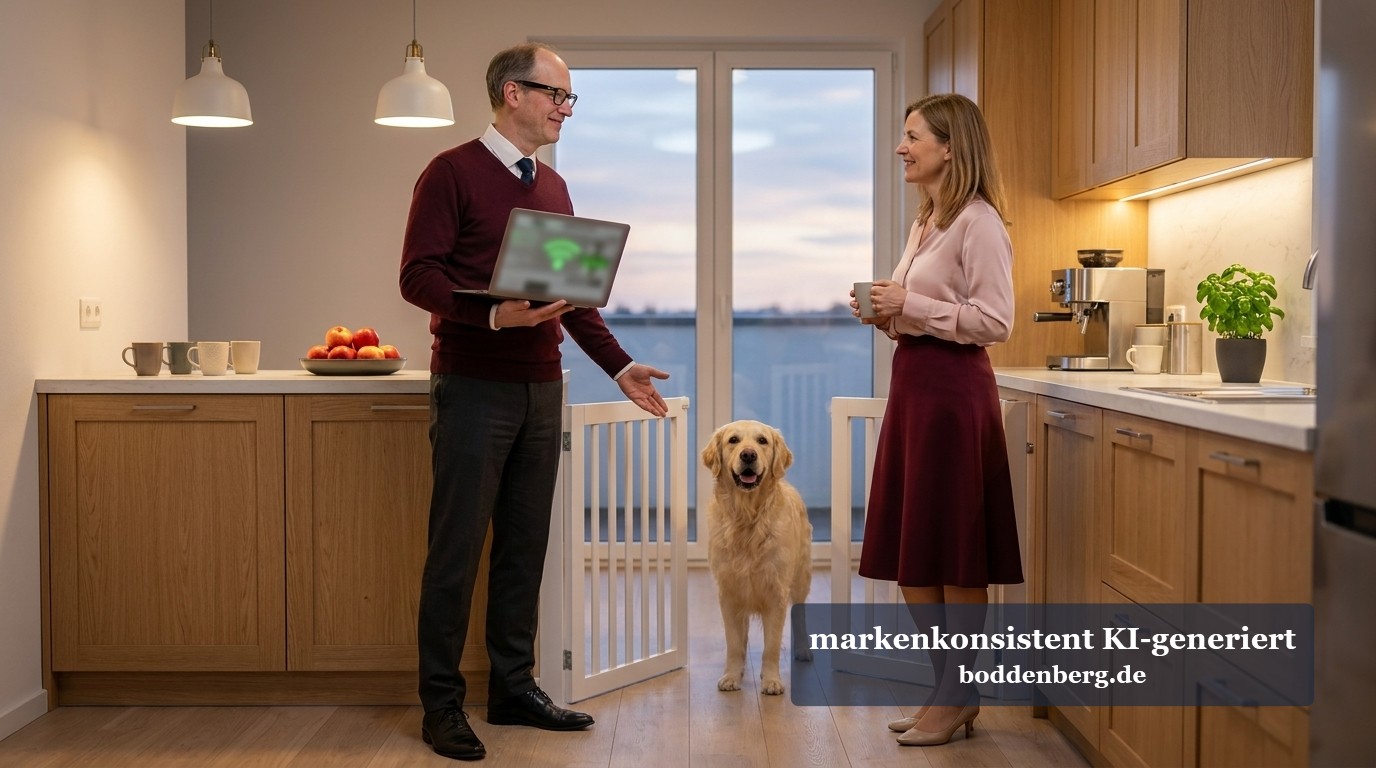 Geschäftsbesprechung in der Küche mit Hund Ein Mann mit Laptop und eine Frau mit Tasse stehen sich in einer modernen Küche gegenüber, ein Labrador zwischen ihnen, Fenster mit Wasserblick im Hin…
